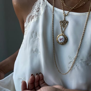 vintage romantic ornate embroidered sheer trim satin short slip dress 