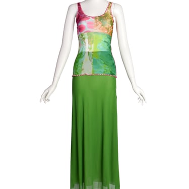 Jean Paul Gaultier Vintage SS 2000 Multicolor 'Bacteria' Print Mesh Tank and Maxi Skirt Set