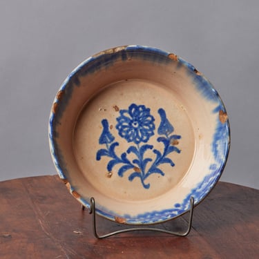 Medium 19th Century Spanish Blue & White Faience Bowl with Floral Design