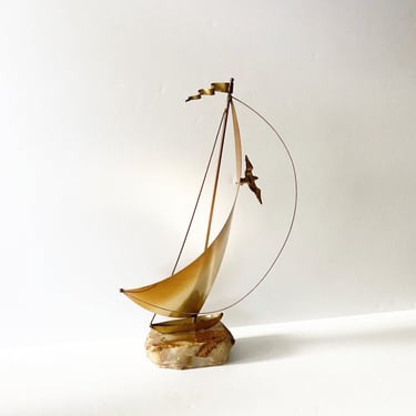 Vintage DeMott Sailboat Sculpture Brass on Onyx Base 