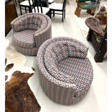 Pair of Milo Baughman Style Swivel Barrel Back Tub Chairs 