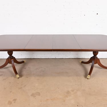Baker Furniture Style Georgian Mahogany Double Pedestal Extension Dining Table, Newly Refinished