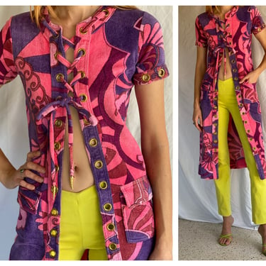 1960s Terry Cloth Dress / Sixties Italian Resort Wear Dress / Towel Dress / Grommet Cut Out Peekaboo Dress / Bathing Suit Cover Up 