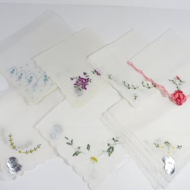 Vintage Embroidered Flowers Vintage Handkerchiefs - Set of 7 Embroidered Handkerchiefs 