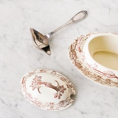 Transferware Gravy Boat with Silver Ladle