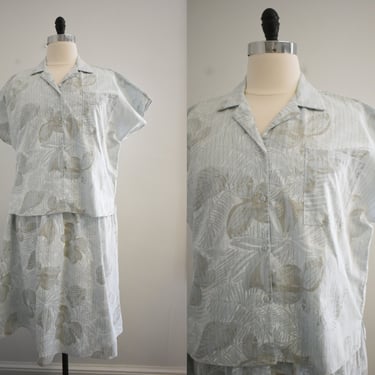 1980s Ice Blue Tropical Print Blouse and Skirt Set 