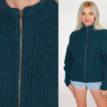 Wool LL Bean Sweater Zip Up Cardigan Sweater 90s Dark Blue Sweater Alpaca Blend Knit 1990s Sweater Jumper Vintage Plain Sweater Men's Small 