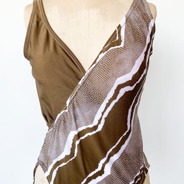 1980s Olive Snakeskin Swimsuit, sz. M/L