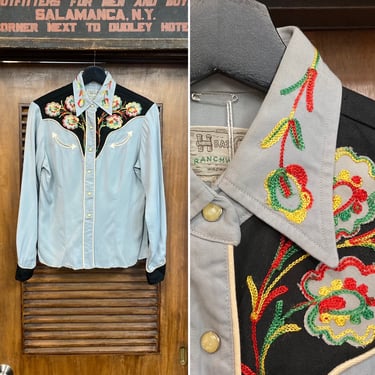 Vintage 1950’s “H Bar C” Ranchwear Cowboy Cowgirl Western Ladies Gabardine Rockabilly Shirt Top, 50’s Vintage Clothing 