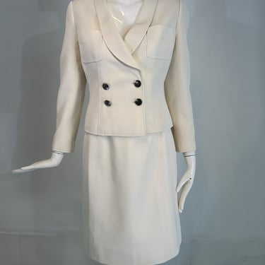 Chanel 1997 C Off White Cotton Pique Double Breasted Cropped Jacket & Skirt 40