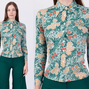 70s Boho Green Floral Button Up Top - XXS | Vintage Long Sleeve Pointed Collar Disco Shirt 