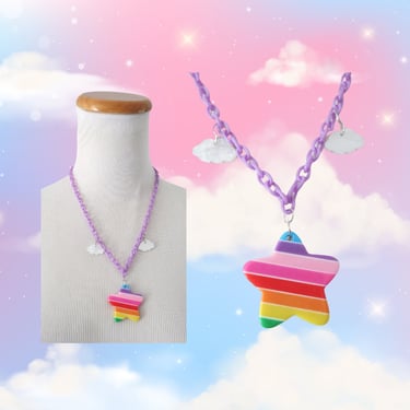 Kawaii Necklace Pastel Rainbow Star & Clouds Plastic Chain Pendant Charm Jewelry 