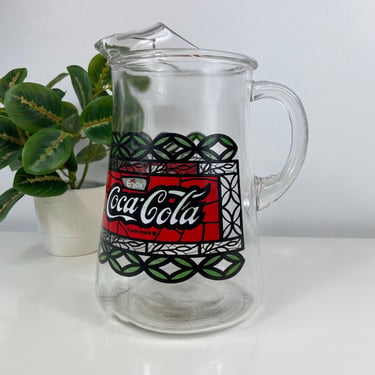 Vintage Coca Cola Glass Pitcher Stained Glass logo design, vintage collectible Coca Cola, advertising decor, Glass reeded Handle w/Ice lip 