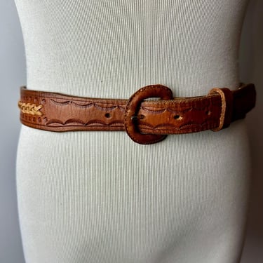 60’s tooled leather belt~ Western vibes 2 tone light brown braided detail~ 1960’s Men’s thin belt/ size 