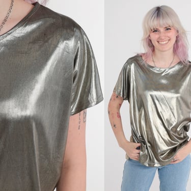 Metallic Gold Shirt 90s Shiny Blouse Short Sleeve Top 1990s Party Top Classic Sparkly Retro Vintage Medium 