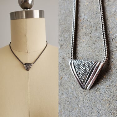 1970s Sterling Silver Rope Chain Necklace with Marcasite Triangle Pendant - 70s Jewelry - 70s Fashion 
