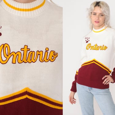 Vintage Cheer Sweater 90s Cheerleader Shirt Ontario 91 Gina Name Knit Top Retro Preppy Red Yellow White Striped Pep Uniform Jumper 1990s XS 