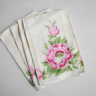 Vintage Linen Napkins with Pink Flower Design 
