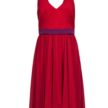 Black Halo - Red & Purple Contrast Trim High Low Cocktail Dress w/ Fitted Bodice & Flowy Skirt Sz 10
