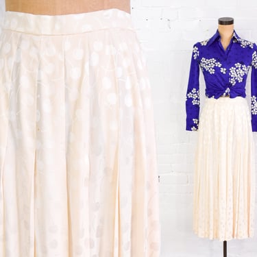 1980s Creme Silk Pleated Skirt | 80s Beige Cherries Silk Skirt | Gloria Sachs | Medium 