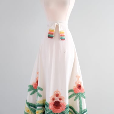 Incredible 1930's Rainbow Lotus Flower Chenille Cotton Wrap Skirt / S/M