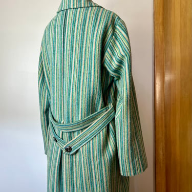 Striped green blue Erica Tanov overcoat~ retro stripes Soft long wooly jacket~ belted waist 90’s trends Y2K minimalist size 6-8 