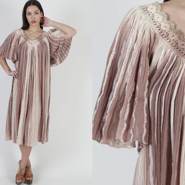 Ombre Angel Sleeve Gauze Dress / Thin Rainbow Metallic Threads / Sheer Cut Out Crochet Mesh Chest / Vintage 80s Kimono Grecian Midi Dress 