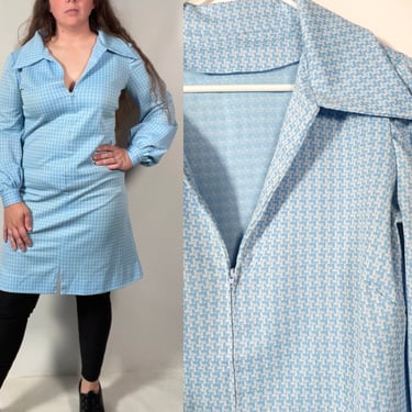 Vintage 70s Pastel Blue Geometric Print Dress Size L 