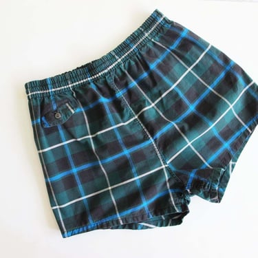 Vintage 60s Plaid Swim Trunks 28 - 38 M - Blue Green Tartan 1960s Elastic Waist Cotton Boxer Casual Shorts - Lined 