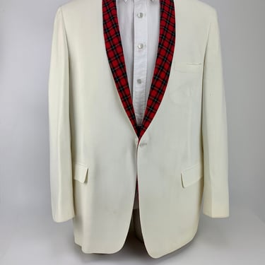 1960'S MOD TUXEDO JACKET - Creamy White with Red Plaid Shawl Collar - Matching Plaid Cummerbund -  Men's Size Large 