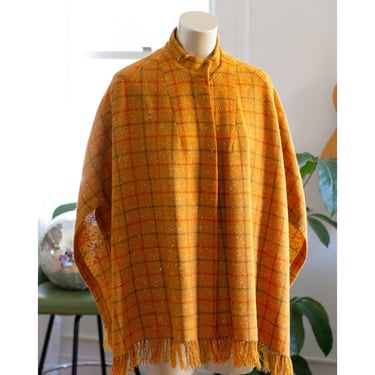 Vintage Plaid Wool Cape, Poncho - 1960s - 1970s - Winter, Fall, Orange 