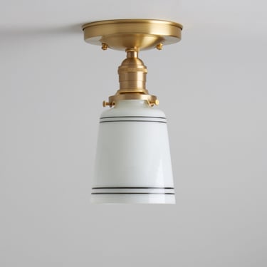 Semi-Flush Fixture -- Striped Opal/Milk Glass Cup Shade -- Hand Blown Glass -- Hand Painted Lines 