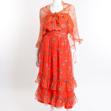 Floral Chiffon Dress, Slip & Shawl Set
