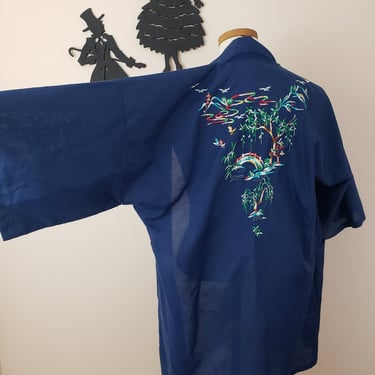 Vintage 1970's Embroidered Kimono / 70s Navy Robe M/L 