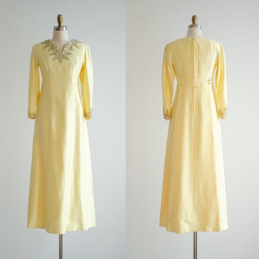 yellow evening gown 60s vintage pastel beaded long sleeve maxi dress 