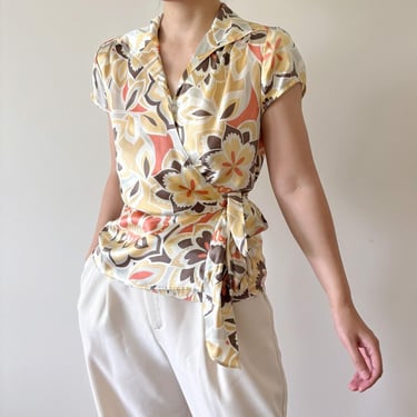 vintage silk blouse silk shirt silk top wrap shirt surplice blouse floral pastel 90s retro vintage style metallic charmeuse size S 