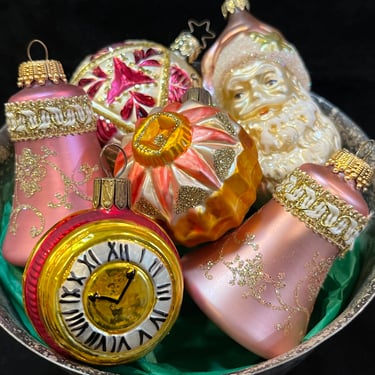 vintage Christmas ornaments pink German blown ornaments figural bells 