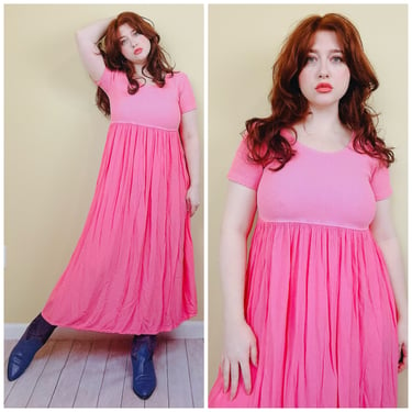 1990s Vintage Studio Ease Cotton / Spandex Thermal Dress / 90s Rayon Crinkle Smock Grunge Pink Dress / Size Large 