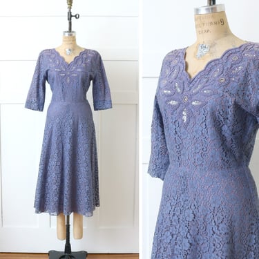 vintage 1940s ~ early 1950s lavender lace dress • beaded & sequined purple 
