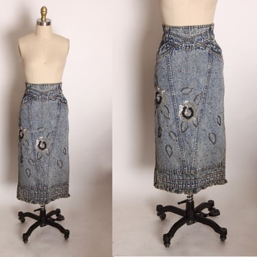 1980s Blue Denim Acid Wash Rainbow Bedazzled Silver and Black Floral Flowed Sequin Pencil Skirt by Pat & Janet -L 