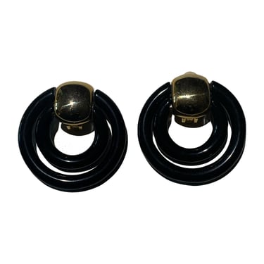 1980s Gold Black Double Hoop Oversized Clip On Earrings 
