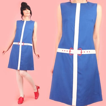 ViNtAgE 1960's Mod MiNi Dress Swinging London Carnaby Street Vibes // Blue White Red Color Block Bow Rayon Cotton Medium Large M L 