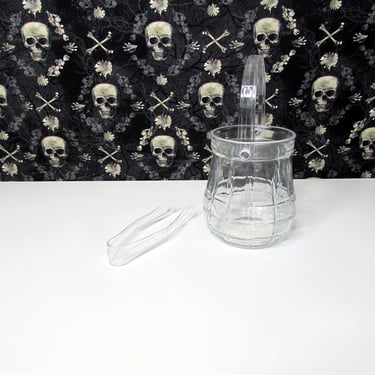 Vintage "Grenade" Ice Bucket-Paneled Glass with Handle and tongs 