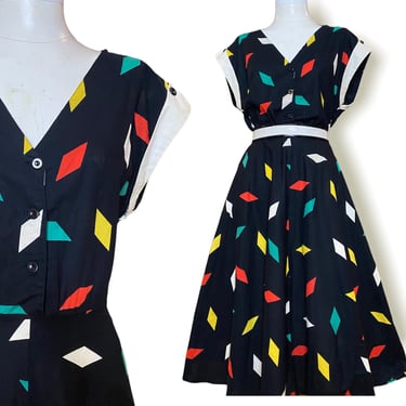 Vintage 60’s 70’s Black Cotton Swing Dress with Geometric Print 6/8 
