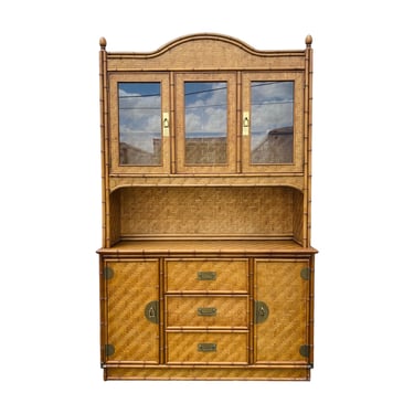Vintage Rattan Buffet & Lighted Hutch By Dixie - 2pc Boho Chic China Cabinet with Herringbone Wicker, Faux Bamboo and Glass Display 