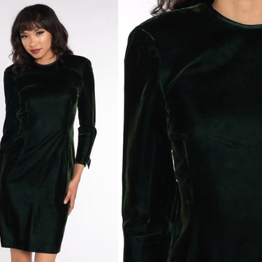 80s Velvet Party Dress -- 80s Green Mini Dress Low Back Bow Velvet Dress Wiggle 1980s Cocktail Minidress Sheath Long sleeve Extra Small xs 