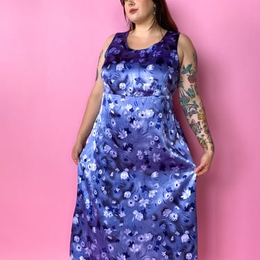 1990s Blue Floral Satin Maxi Dress, sz. 2XL