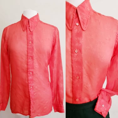 70s Mens Orange Sheer Shirt by Pancaldi / 1970s Button Down Long Sleeved Blouse / Made in Italy Dark Academia / Large 