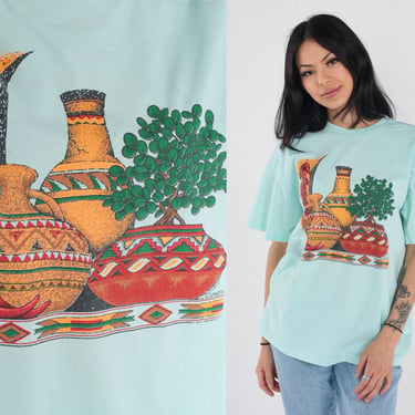 Southwestern Pottery Shirt 90s Native Art T-Shirt Western Mexican Indigenous Chili Pepper Graphic Tee Single Stitch Blue Vintage 1990s Large 