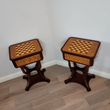 Pair of Northen Italian Neoclassical Chessboard Parquetry Inlaid Work Table Sewing Thread Stand - Vintage Biedermeier Art Deco Modern Taste 